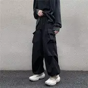 Drawstring Waist Plain Wide Leg Cargo Parachute Pants Black - 2XL