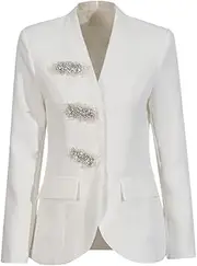 [Zadaos] Womens Casual Blazers Notched Collar Long Sleeve Patchwork Bead Hot Drilling Suit Jackets White M(6)
