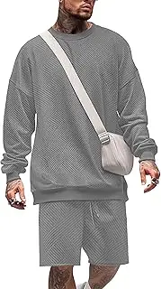 [OYOZONE] Mens 2 Piece Outfits Crewneck Sweatshirt Geometric Texture Long Sleeve and Joggers Shorts Sweatsuit Sets Tracksuit