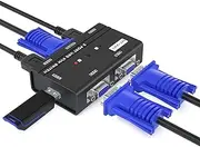 MT-VIKI VGA KVM Switch, 2 Port USB VGA KVM Switch for 2 Computers Share 1 Monitor Keyboard Mouse Printer, 2 KVM Cables