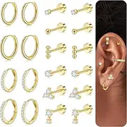 [LYLYMIMI] 10 Pairs Small Hypoallergenic Flat Back Stud Earrings for Women Men 14K Gold Plated Surgical Stainless Steel Earring Sets Tiny Screw Back Cartilage Earring