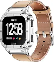 BAITEYOU Leather Bands with Stainless Steel Case Compatible with Fitbit Versa 1 2 3 4 Lite Sense 2 1 Protective case for men