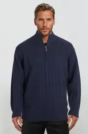 Ansett Navy Blue Half Zip Cable Wool Jumper