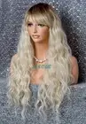 Human Hair Blend Long Wig Heat OK Wavy Blonde w. Roots Bangs JSMA Dot Part
