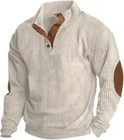 [Vodikar] Mens Corduroy Sweatshirts Casual Lapel Collar Mock Neck Button Pullover Sweater