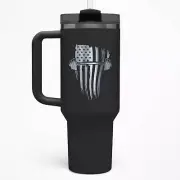 Barbell and USA Flag - 40 oz Gym Tumbler with Handle and Straw