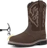 [HISEA] NINGO Men's Western Cowboy Boots Waterproof Square Toe Steel/Soft Toe Work Boots Men's Slip On Pull On Safety Toe Leather Work Boots for Construction Farming