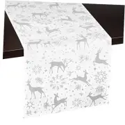 White Christmas Table Runner – Silver Snowflakes & Reindeer, 12 x 54 Inch