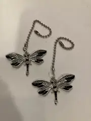 VINTAGE DRAGONFLY ANTIQUE SILVER BLACK CEILING FAN LIGHT SWITCH PULL LARGE PAIR