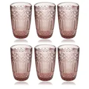Engraved Pattern Pink Rose Jewel Goblets Glass Drinking Tumblers Set of 6 Pcs 350 ml