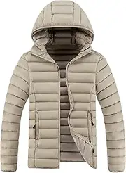 [Qolkmuiy-GJ] Men's Puffer Zip Lightweight Down Jacket Casual Puffer Quilted Hooded Jackets Pocket Warm Hooded Winter Coat