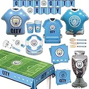 77 Pcs Officially Licensed ManCity FC ALL-IN-ONE Matchday Party Box For 6 Guests Disposable Tableware, Featuring Cultery, Decorations, Jersey Foil Balloons, Party Favors and Food-Safe