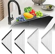 4Pcs Triangle Dish Drying Rack for Sink Corner Stainless Steel Roll-Up Dish Drying Holder Foldable Over The Sink Corner Dish Drainer Mat Space Saving Sink Corner Shelf for Bathroom
