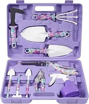 10 Pieces Gardening Tools Set with Purple Floral Print, Ergonomic Handle Trowel Rake Weeder Pruner Shears Sprayer, Garden Hand Tools with Carrying Case,Unique Mothers Day Gifts for Mom