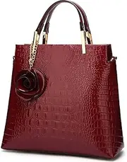 [XingChen] Shiny Patent Leather Women Handbag Crocodile Pattern Shoulder Bag Flower Pendant Top Handle Tote Satchel Purse