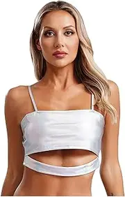 [GRRKDFQ] Women Lingerie Cut Out Slit Crop Top Sparkly Glitter Adjustable Straps Short Vest