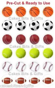 24 x SPORTS BALLS Edible Wafer Cupcake Cake Toppers, PRE-CUT Ready to Use SPORT