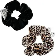 SCRMROIA Zipper Scrunchies, Pocket Scrunchie, Secret&Hidden, Velvet Hair Ties Bracelet, Compatible with Apple AirPods Pro 3&2&1, Pouch Storage Bag for Key Money, Elastics Hair Band (Black&Leopard)