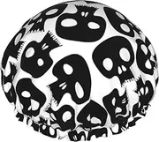Skulls Print Shower Cap For Women Reusable Double Layer Stylish Soft Bath Cap With Lining Elastic Band