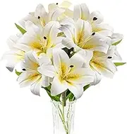 SNAIL GARDEN 11 Heads White Artificial Lilies Flowers, Long Stem Artificial Lilies,Full Bloom Lily,Tiger Lily Bouquets for Home Hotel Flower Arrangement Party Decor(White Yellow)