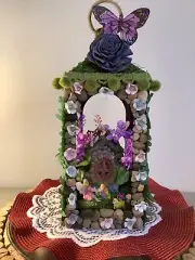 Fairy Whimsical Lantern Hand Crafted Stone Front, Figurines, Flowers, Moss