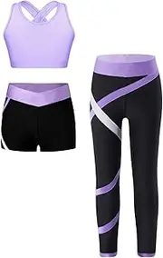 [Moggemol] Girls Gymnastics Outfit Cross Back Tank Dance Crop Top Sport Bra with Yoga Leggings Ballet Shorts Set