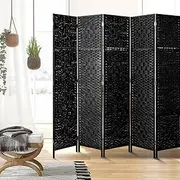 OIKITURE 6 Panels Room Divider,Foldable Wooden Privacy Screen Dividers Partition Wall Screens for Home Pet Child Balcony Bedroom Bathroom, Portable Rattan Partition Separator Water-Resistant,Black
