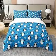 Penguin 100% Washed Cotton Duvet Cover 155 x 220 cm Kawaii Penguin Bedding Set Antarctic Animal Comforter Cover for Boys Cartoon Cute Winter Theme Snowflake Pattern Quilt Cover, Blue
