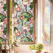 Aomkmi Stained Glass Window Film UV Resistant Window Privacy Film Lotus Floral Privacy Rainbow Decals Living Room Bedroom Sun Blocking Decor Removable Static Cling Stickers 17 x 78.74 Inch