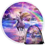 Crazy Funny Art Laser Space Cat on Unicorn Eating Taco Round Beach Towel