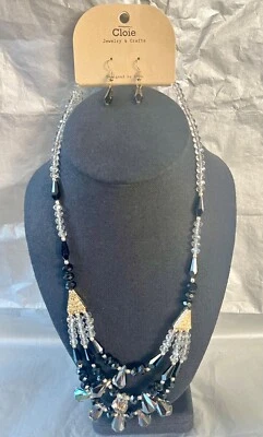 Necklace & Earring Set by Cloie w/Faceted Black Clear Aurora Borealis Beads 23"