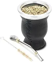 BALIBETOV [New] Leather & Glass Yerba Mate Gourd Set (Mate Cup) with Yerba Mate Bombilla (Straw) (Black)