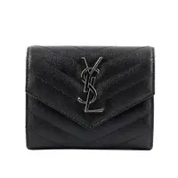 在飛比找誠品線上優惠-【YSL】山形紋荔枝皮銀字logo三折短夾(黑色)/ 平行輸