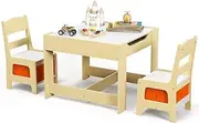 Costway Kids Table and Chairs Set, 3-Piece Kids Furniture Set, Kids Play Table and Chair Set, Toddler Table and 2 Chairs Set, Double Sided Kids Table, Children Activity Art Desk Set (Natural)