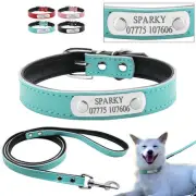 Custom Engraved Dog Collar & Leash Set Leather Personalized ID Name Dog Collar