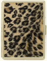 [Stephanie Imports] Faux Leopard Print Fur Compact (9 100s) Metal-Plated Cigarette Case & Stash Box