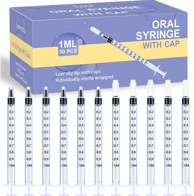 50 Pcs 1Ml Syringes with Caps Oral Dispenser Individually Sterile Warpped for...