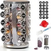 KITment Rotating Spice Rack Organiser with 20 Spice Jars, Revolving Spice Rack Tower Seasoning Organizer for Kitchen Cabinet Countertop, with 144 Preprinted Spice Labels