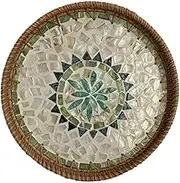 Round Rattan Serving Tray with Mother of Pearl Inlay,Hand Woven Decorative Eating Tray with Wood Base,Decorative Wicker Baskets Woven Serving Tray for Coffee Table