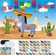 SietDESEO Pin The Tail on The Donkey Party Game with 48 Pcs Tail Stickers Mexican Donkey Games Poster for Kids Birthday Carnival Fiesta Party Supplies