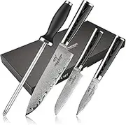 Chef's Knife Set With Gift Box - 4 Pieces Damascus Kitchen Knives, VG10 Steel Professional Set With Non-slip Micarta Handle, Knife Sharpener Included