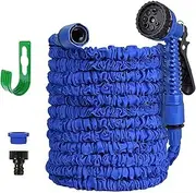 Green Blue Garden Expandable Hose Water Pipes Rack High-Pressure Car Wash Water Home Watering Tools 25FT-200FT(Blue Hose Green Rack,1/2''_125FT)