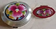 VINTAGE NOS NACON TOKYO JAPAN FLOWERS METAL COMPACT & LIPSTICK RING MIRRORS