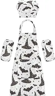 AIXIWAWA Kids Apron Chef Hat Set, Child Kitchen Bib Aprons Adjustable for Cooking Baking Painting (Black Witch Hat)