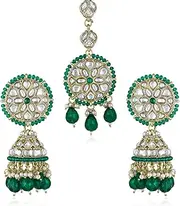 [Aheli] Kundan & Beads Studded Green Jhumki Earrings with Maangtikka Set Ethnic Fashion Jewellery for Women, One Size, Metal, No Gemstone