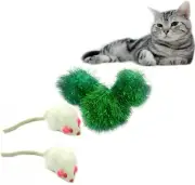 Real Fur White Rattle Mice and Jumbo Green Tinsel Pompom Cat Toy Teaser Package