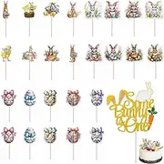 43Pcs Happy Easter Cupcake Toppers, Multicolor Happy Easter Cake Toppers, Various Styles Easter Egg Bunny Cupcake Pick Glitter Easter Rabbit Cake Decorations for Easter Birthday Party