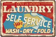 SUPERDANT Metal Sign Self Service Laundry Signs Laundry Signs Wash Drying Folding Retro Tin Sign Art Vintage Decoration 24 Hour Open Laundry Room Wall Decor Metal Plaque