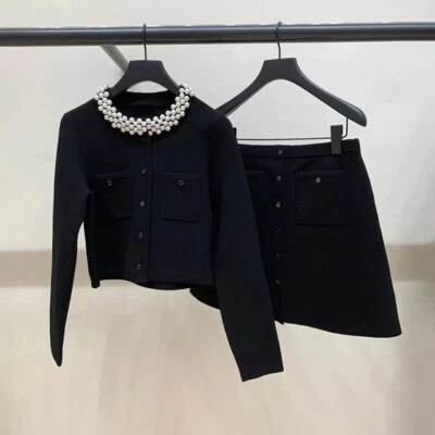 New French Spring Black Beaded Collar Commuter Knitted Top A-line Skirt Suit Set