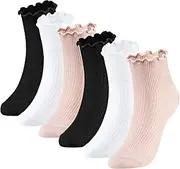 [ZRUNHU] SATINIOR Women Ankle Socks Lace Ruffle Socks Solid Lettuce Edge Knit Socks, 6 Pair